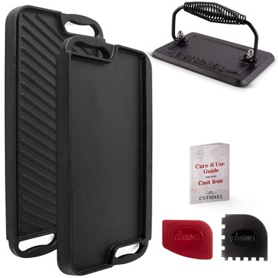Cuisinel Cast Iron Griddle & Grill Set - Reversible 20"x10" Skillet, Burger Press, Pan Scrapers - Pre-Seasoned, Dual Handle, Cleaning Accessories.