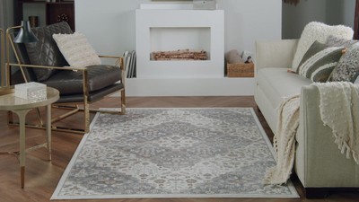 Ivory Grey Floral Synthetic 8' x 10' Area Rug