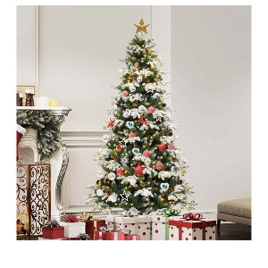 6ft/7.5ft Pre-Lit Tiered Flocked Christmas Tree With Remote Control, Featuring Pre-Decorated Flocked Hinged Design - 1 of 4