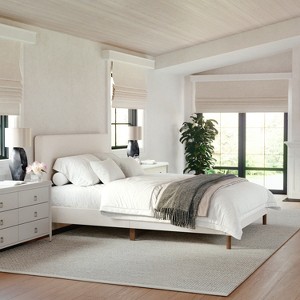 Martha Stewart Britta Upholstered Platform Bed with Rounded Headboard, Piped Detailing and Cushioned Siderails, Wood Slat Bottom, No Box Spring Needed - 1 of 4