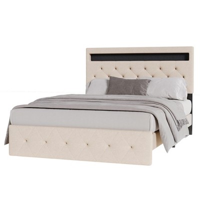 coucheta Bed Frame with Charging Station and LED Lights, Upholstered Bed Frame with Adjustable Headboard,Wood Slats, No Box Spring Neede