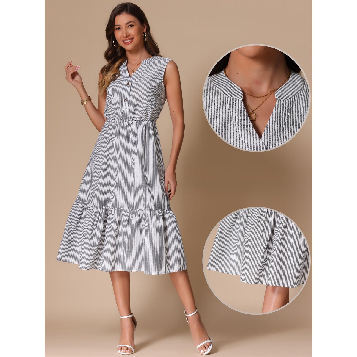 Женские платья INSPIRE CHIC Women's Sleeveless V Neck Button Down Striped Ruffle Midi Shirt Dress Black X-Large — фото 2