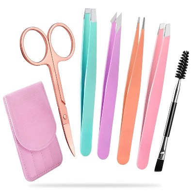 6-Piece Precision Eyebrow Tweezers Set for Women with Curved Scissors – Stainless Steel Hair Removal Tools with Travel bag
