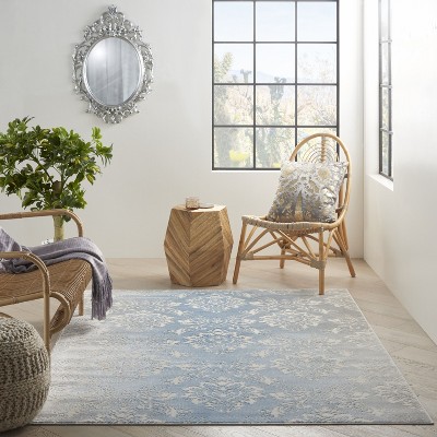 Ivory Blue Floral 5' x 7' Handmade Synthetic Area Rug