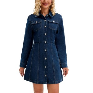 INSPIRE CHIC Women's Denim Button Up Collar Long Sleeve A-Line Above The Knee Length Jean Dresses - 1 of 4