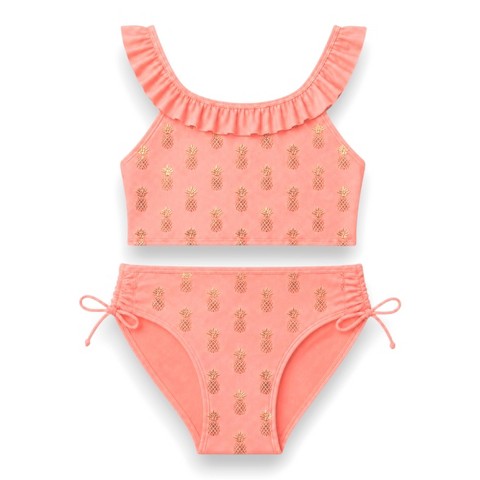 XOXO Big Girls' 2-Piece Ruffle & Side-Tie Details Bikini Swim Set, Coral/Foil Pineapples, 8/10