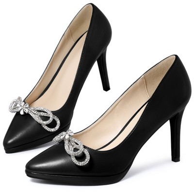 BLISSFUL STEP Women's Rhinestone Bow Pointed Toe Stiletto Heel Pumps
