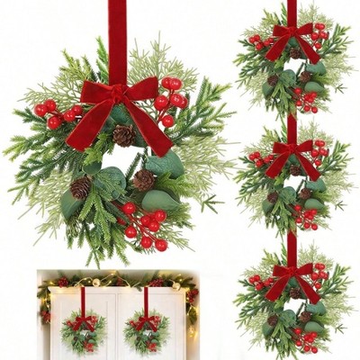 4 Pcs 11 Inch Small Wreaths for Kitchen Cabinets Front Door Wall Chairs Stairs Cedar Cypress Eucalyptus Leaf Pinecones Red