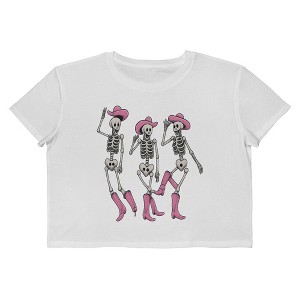 Rerun Island Women Dancing Skeletons Pink Hats Boots Short Sleeve Graphic Cotton Cropped Loose T-shirt - 1 of 4