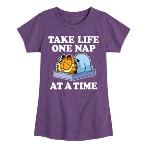 Girls' - Garfield - Take Life One Nap Fitted Short Sleeve Graphic T-Shirt - 1 of 4