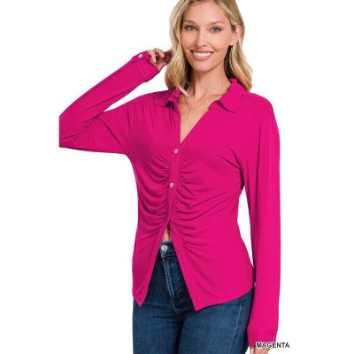 Slickblue Women's Stretch Button Down Shirt with Ruched Detail, Magenta, Long Sleeve, Size S-L