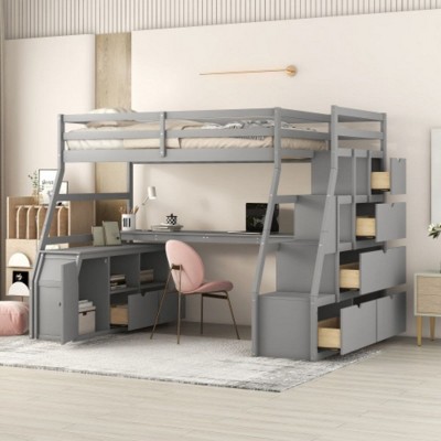 Loft Bed Twin Size Wooden Frame Bed With 7 Drawers 2 Shelves 1 Desk Space-Saving Design For Kids Bedroom Furniture