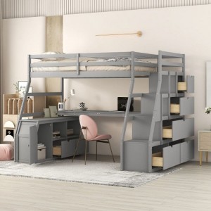 Loft Bed Twin Size Wooden Frame Bed With 7 Drawers 2 Shelves 1 Desk Space-Saving Design For Kids Bedroom Furniture - 1 of 4