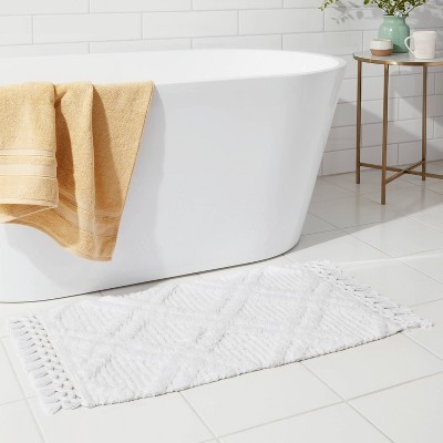 Diamond Embossed Tasseled Woven Bath Rug White - Threshold&#8482;