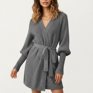 Anna-Kaci Women’s Knit Wrap Top with Long Sleeves, Textured Ribbed Fabric and Adjustable Waist Tie for a Wrapped Silhouette - 1 of 4