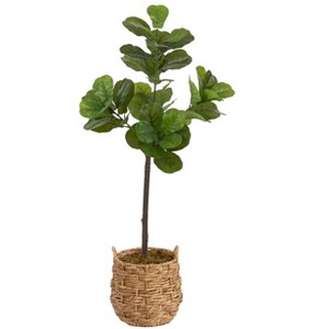 Kate and Laurel Fidmont Faux Fiddle Fig Tree with Livia Woven Basket, 4 FT, Natural Water Hyacinth - 1 of 4