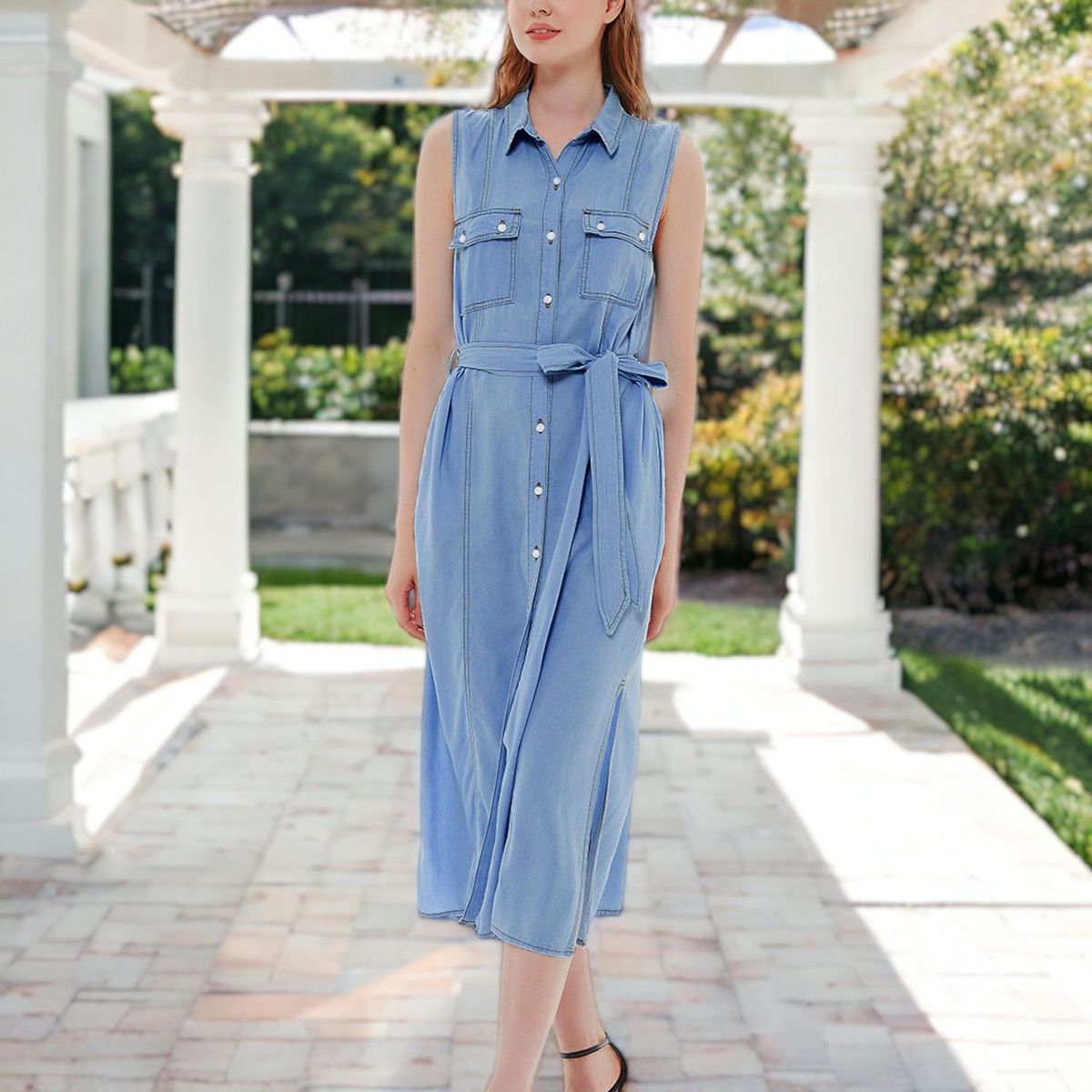 Anna-Kaci Women's Jean Shirt Dress Tied Waist Turn Down Collar Pocket Denim Dress - thumbnail 2