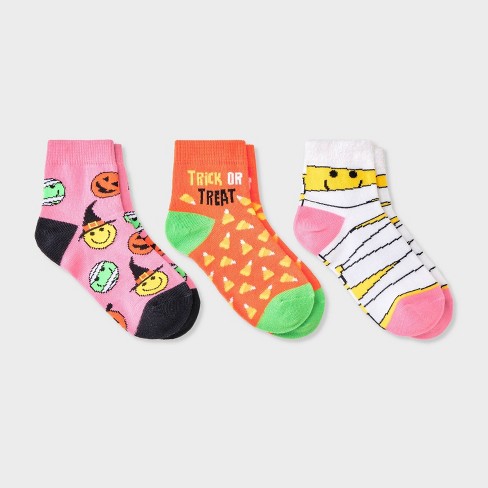 Girls' 3pk Ankle Mummy And Smiley Socks - Cat & Jack™ Pink/orange/white ...