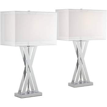 Possini Euro Design Proxima 28" Tall X-Shaped Modern Table Lamps Set of 2 Silver Chrome Finish Metal White Shade Living Room Bedroom Bedside