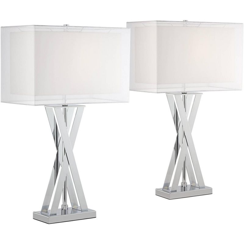 Possini Euro Design Proxima 28" Tall X-Shaped Modern Table Lamps Set of 2 Silver Chrome Finish Metal White Shade Living Room Bedroom Bedside, 1 of 9