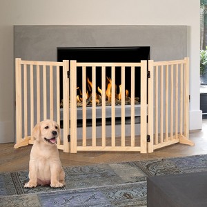 Wooden Freestanding Pet Gate, Dog Fence for Stairs or Doorways, 3/4 Panels Step Over Fence with Support Feet for Hallway, 3 Panel H:24” - 1 of 4