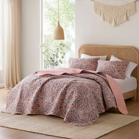510 Design 3pc King Valerie Boho Floral Reversible Quilt Set Pink