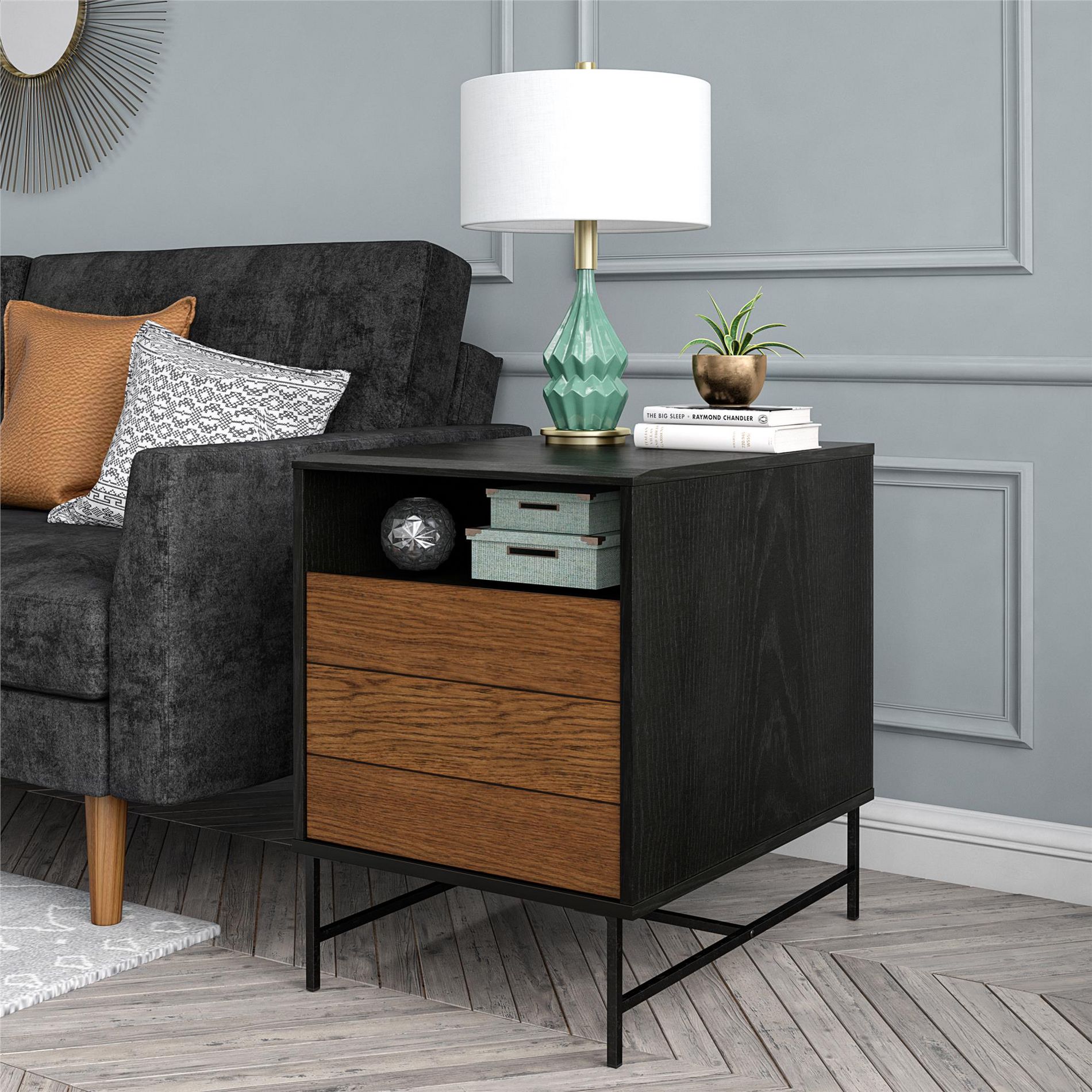 ORRD  End Table with Charging Station, Industrial Rustic Nightstand with Hidden Storage & Wire Management