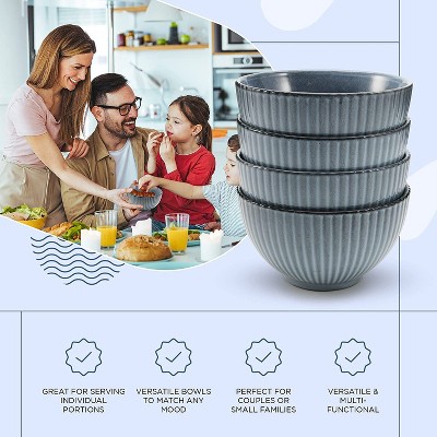 Blue Fluted Ceramic Cereal and Soup Bowls Set of 4