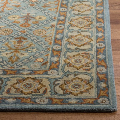 Cream and Blue Wool Hand-Tufted Runner Rug
