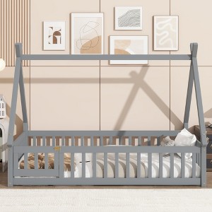 VASIP Twin Tent-Shaped Floor Bed with Guardrails and Support Slats, for Kids' Room ,Gray - 1 of 4