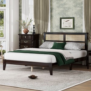 Sapphtopaz Solid Rubber Wood Bed Frame, Platform Bed with Rattan Headboard & Enhanced Support for Modern Bedrooms, Adults & Families - 1 of 4