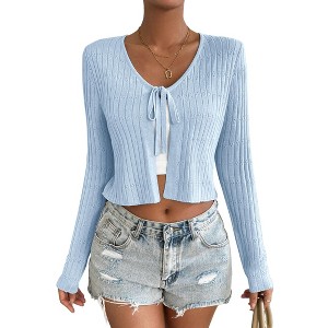 BLUEMING Summer Cardigan Sweaters for Women Cropped Lightweight Front Tie Cardigan with Eyelet Knit Rib Texture Caridigan - 1 of 4