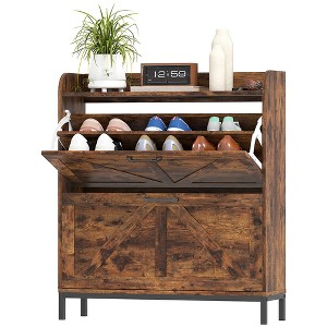 Aghana Digitals Farmhouse Narrow Shoe Cabinet with 2 Flip Drawers, X-Shaped Barn Doors, Steel Legs, - 1 of 4