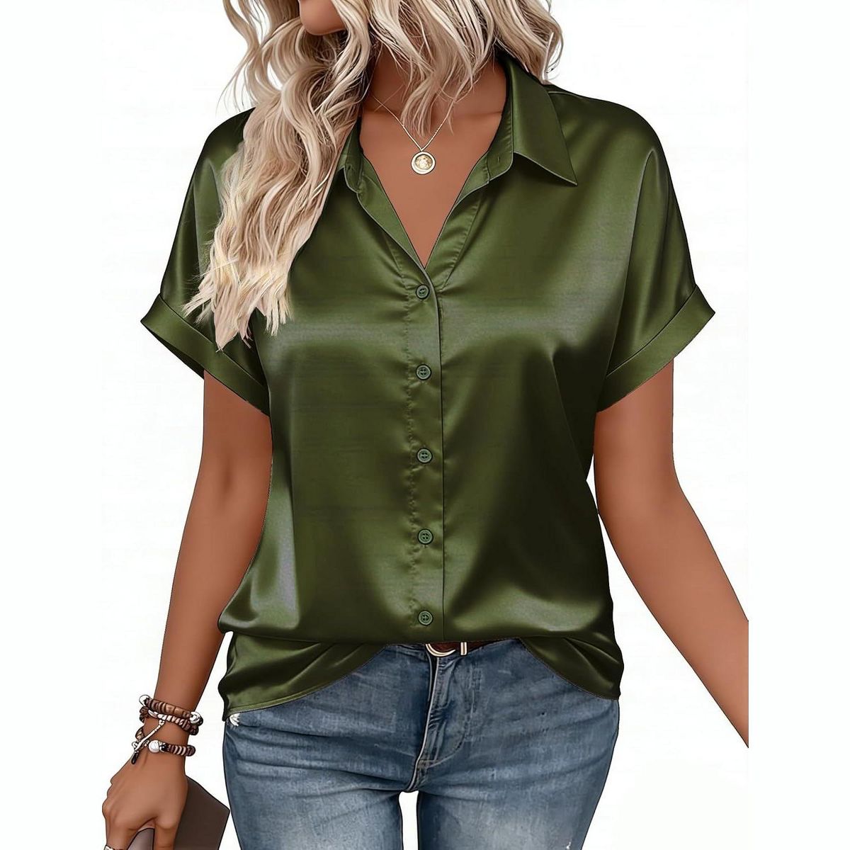 Zeagoo Satin Blouses for Women Silk Button Down Shirts Short Sleeve Tops Work Business Casual Summer Outfits