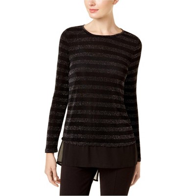 I.N.C International Concepts Womens Metallic Stripe Pullover Blouse, Black, Medium