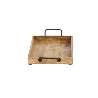 Rustic Brown Mango Wood Rectangular Tray Set with Slot Handles