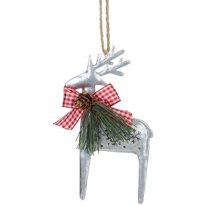 Northlight Reindeer with Pine  and Gingham Bowtie Christmas Ornament- 6.25" - Silver and Red - 1 of 4