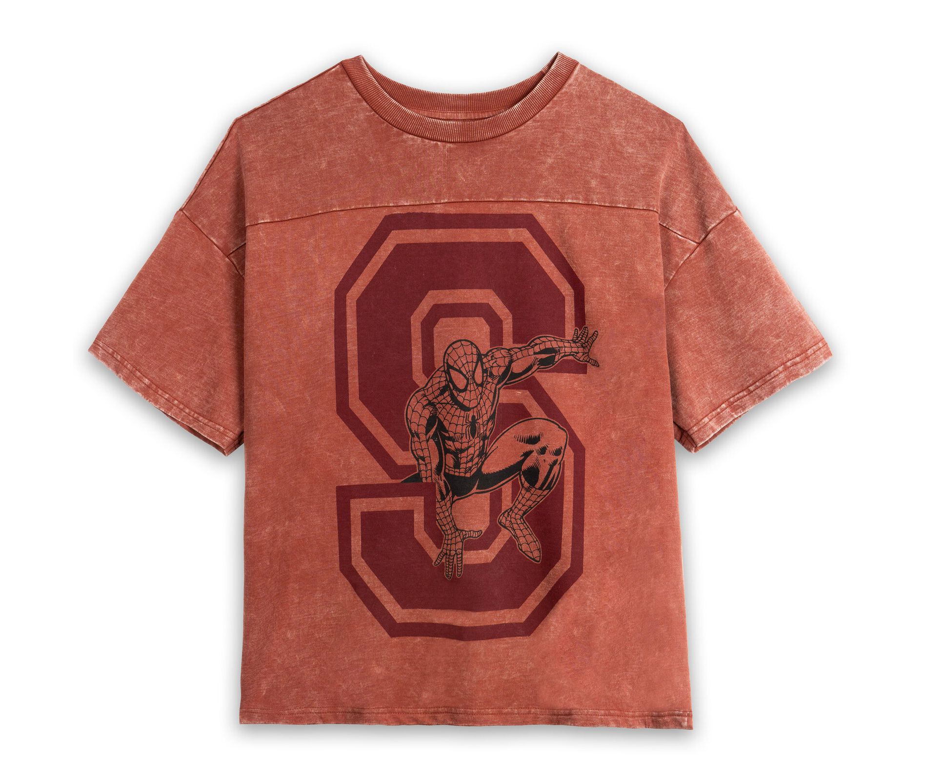 Marvel Spider-Man Mens French Terry Drop Shoulder T-Shirt Rust Red Spiderman X-Small
