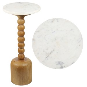 JONATHAN Y Turner 24.5" Designer Cottage Spindle Wood Column Drink Table & Decorative End Table with White Marble Round Top - 1 of 4
