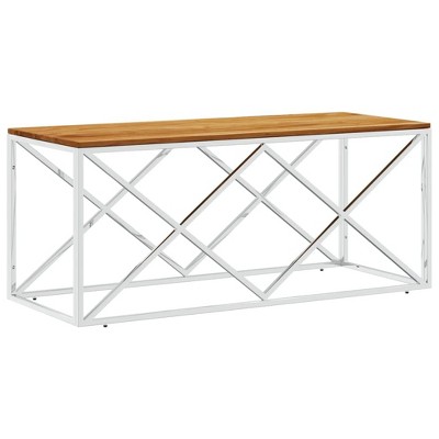 vidaXL Stainless Steel & Solid Acacia Wood Coffee Table - Modern Rectangular Side/Couch Table for Living Room