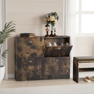 Gulches Original Wood Color Slim Narrow Shoe Cabinet 4 Flip Top Drawers Adjustable Shelves Anti Tipping Waterproof MDF For Entryway - 1 of 4