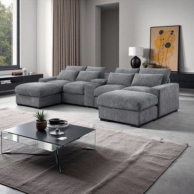 Flannel Velvet U-Shaped Sectional Sofa with Recliner & USB Ports