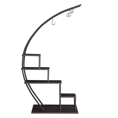 Slickblue Semicircle Iron Wood Plant Shelf, 1/2 Pcs 5-Tier Rack, Indoor Outdoor Stand, Black, 27.56x15.75x55.91in