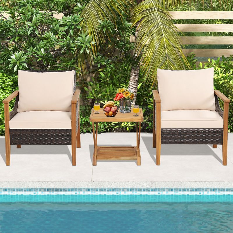 Costway 3PCS Patio Wicker Furniture Set Cushioned Armchairs with 2-Tier Side Table Balcony, 4 of 11