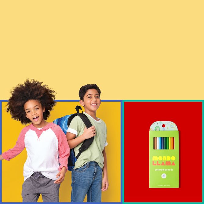 Two kids rocking their stylish wear and back pack on the left side, while an animation showing a few colored pencils dropping into the Mondo Llama packaging.