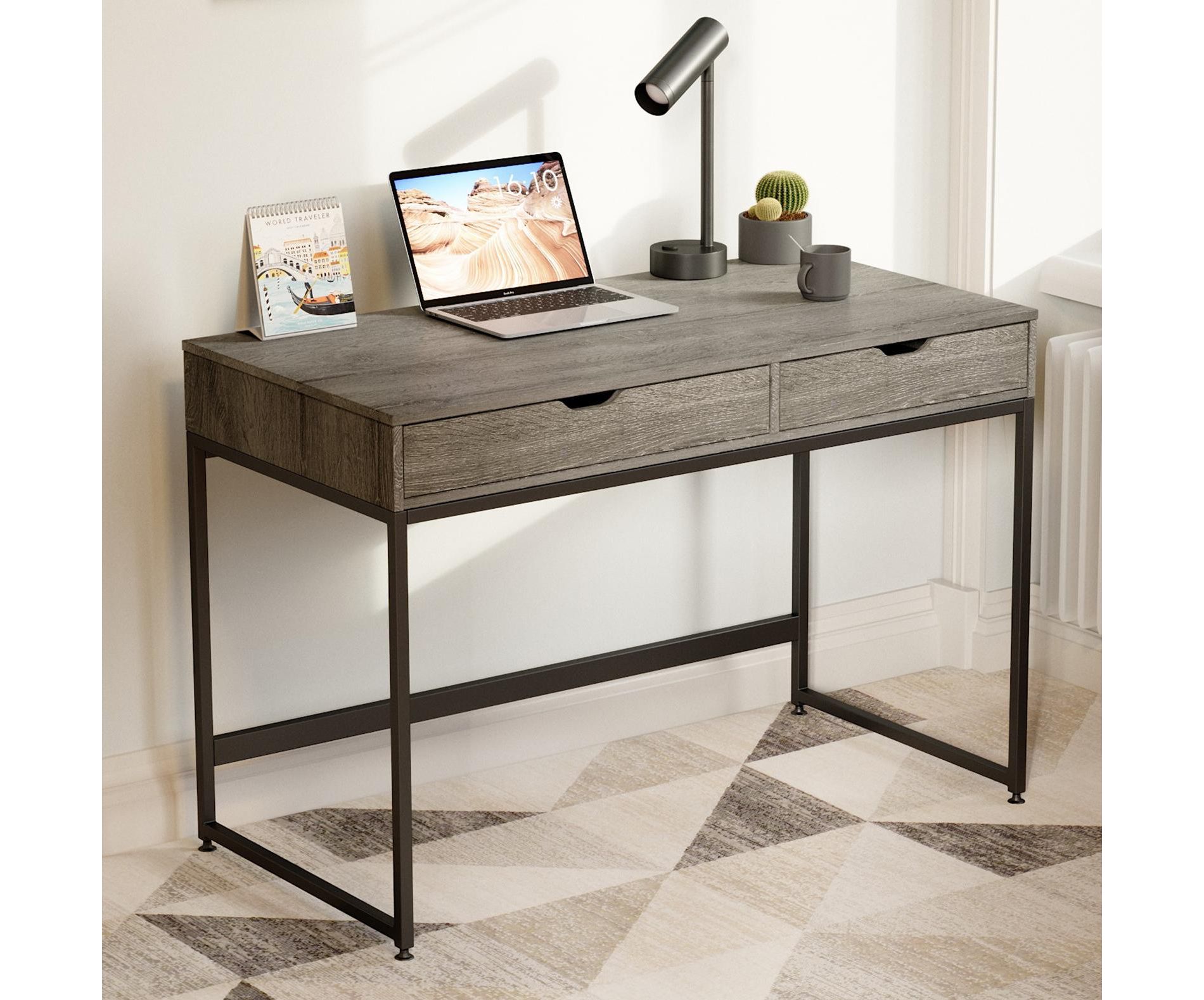 Bestier 43 inch Computer Desk with 2 Drawers, Small Writing Table with Metal Frame for Home Office, Gray