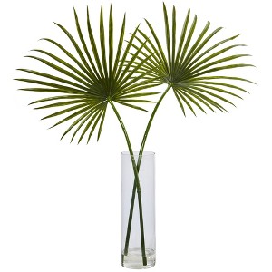 Nearly Natural 49" x 40" Artificial Fan Palm Arrangement in Glass Vase: Indoor Faux Foliage, Tabletop Decor - 1 of 3