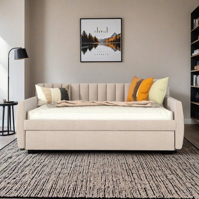 Upholstered Multifunctional Full Daybed with Trundle and Wood Slat Support - Leovsnove