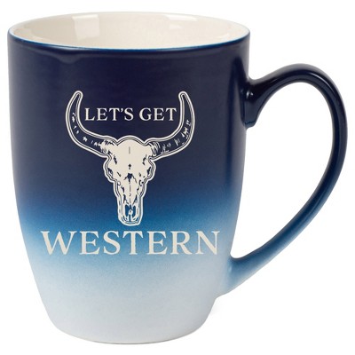 100 North Bull Skull 10 Ounce Navy Blue and White Two Toned Ombre, Comfortably Fits Your Hands, Ceramic Tea Coffee Cup Mug, Let's Get Western