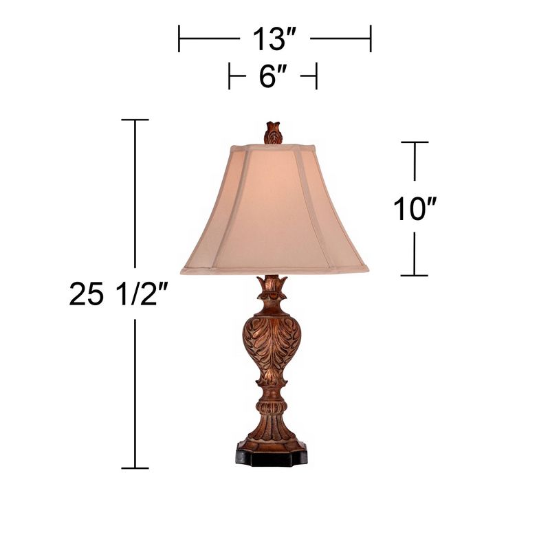 Regency Hill Regio Traditional Table Lamp 25 1/2" High Carved Brown Tan Fabric Square Bell Shade for Bedroom Living Room Bedside Nightstand Office, 4 of 7